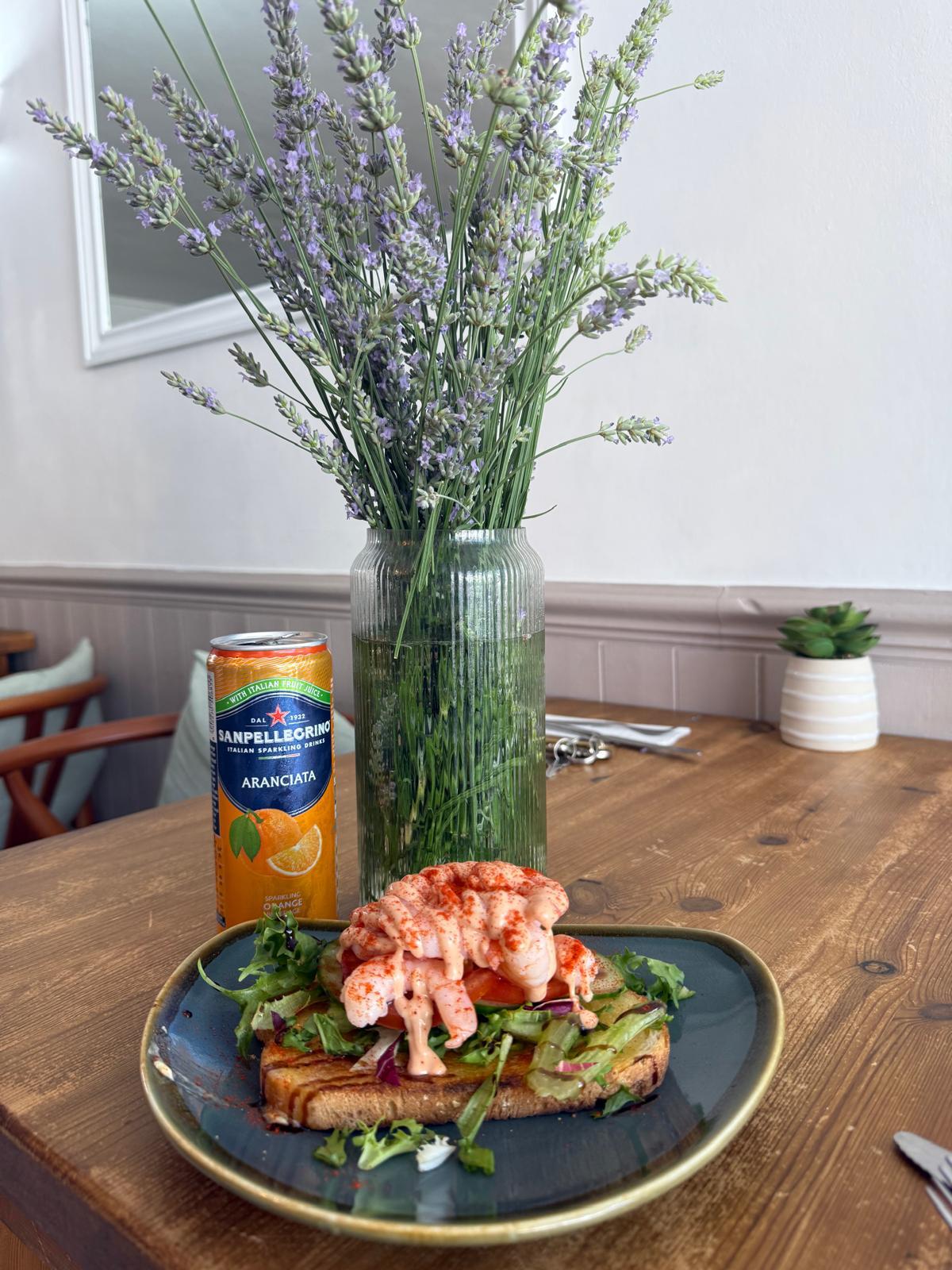 Prawn open sandwich with lavender centrepiece