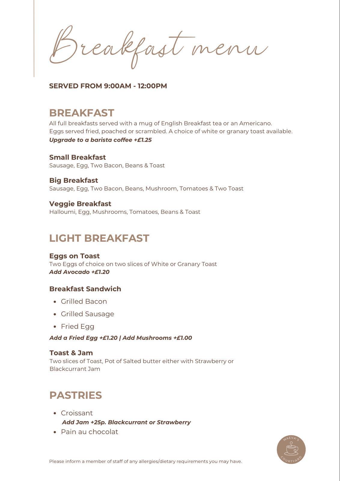 Breakfast menu at Maeva's Courtyard