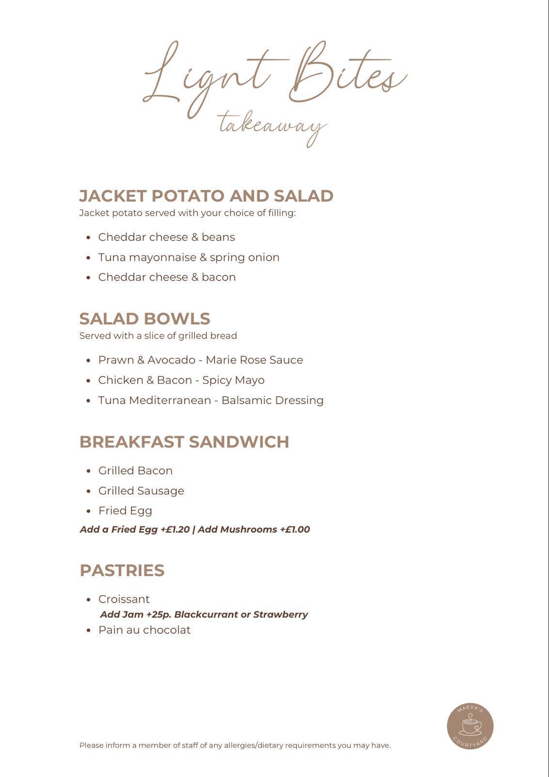Light Bites Takeaway menu at Maeva's Courtyard