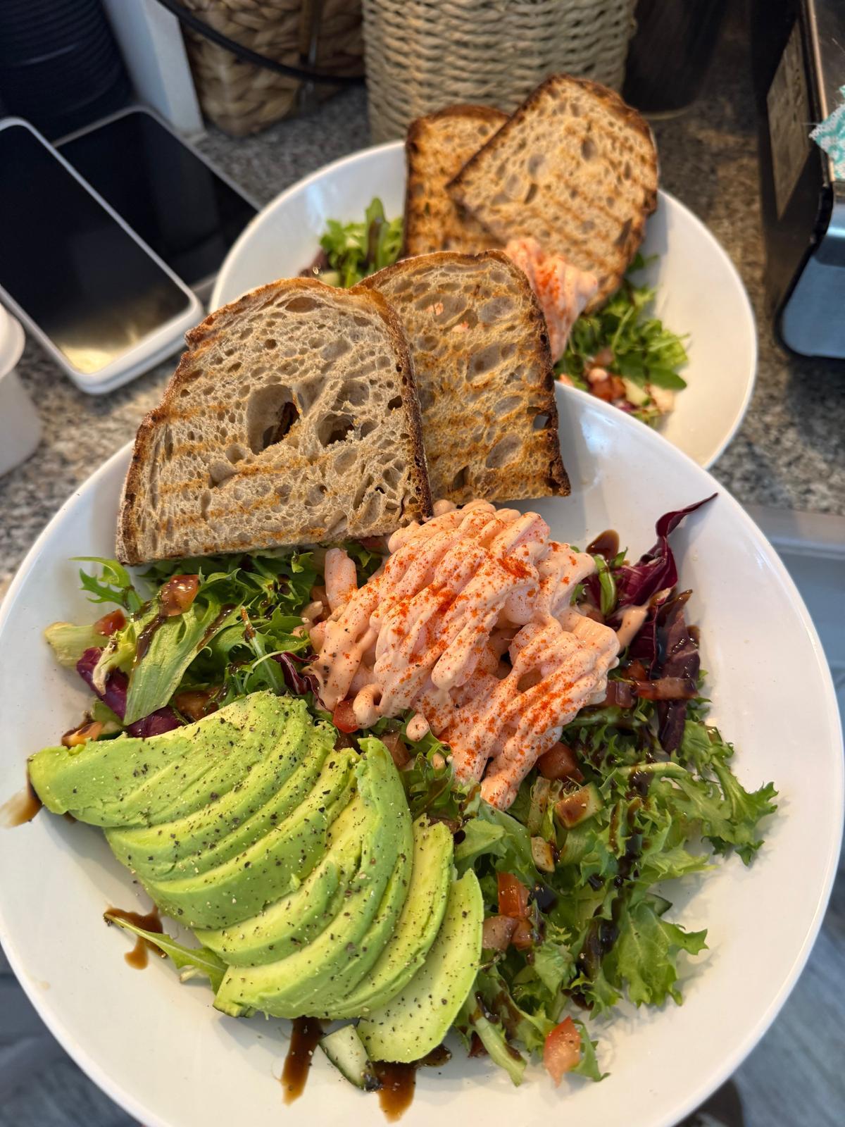Avocado and prawn salad with sourdough toast