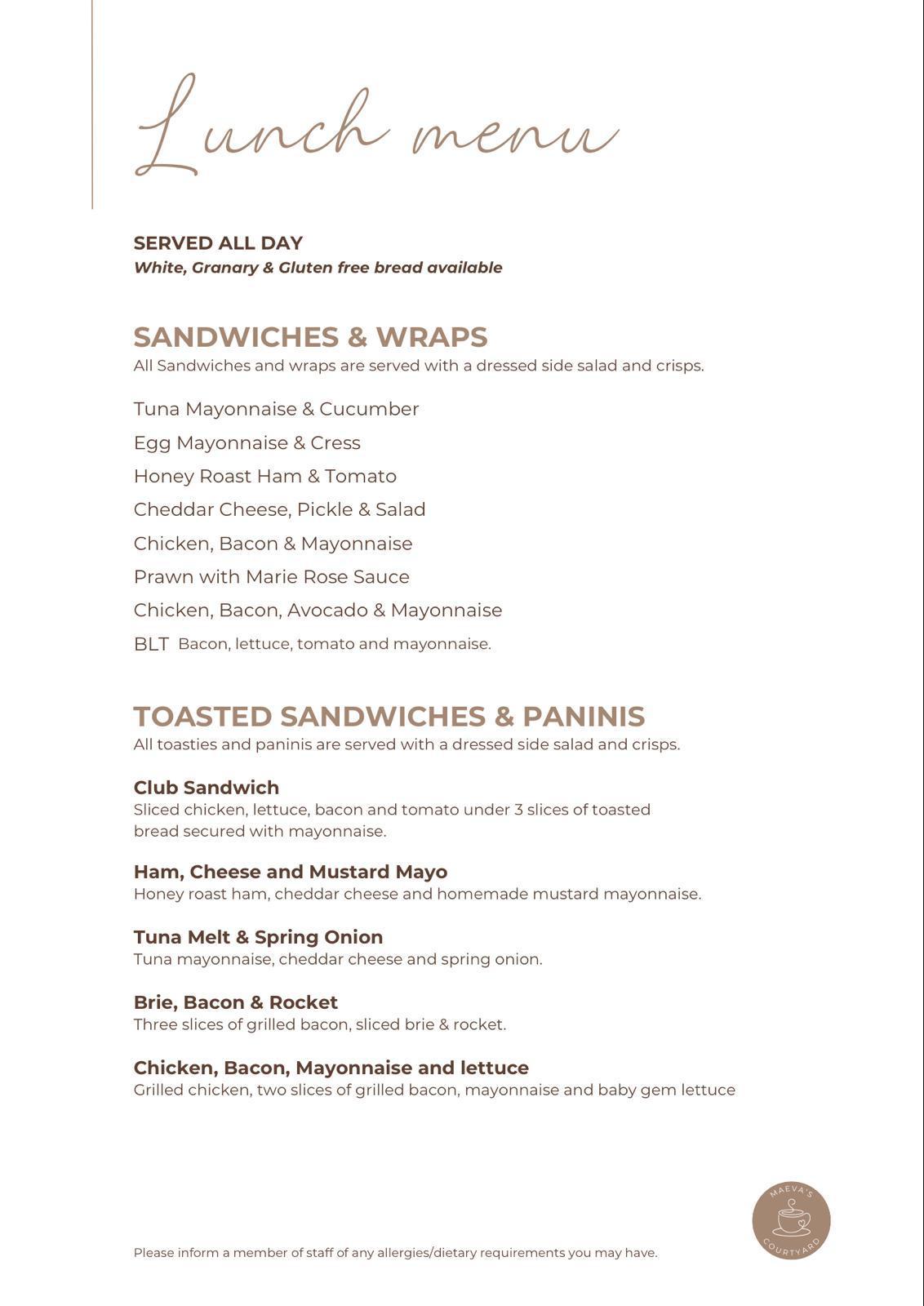 Lunch menu at Maeva's Courtyard