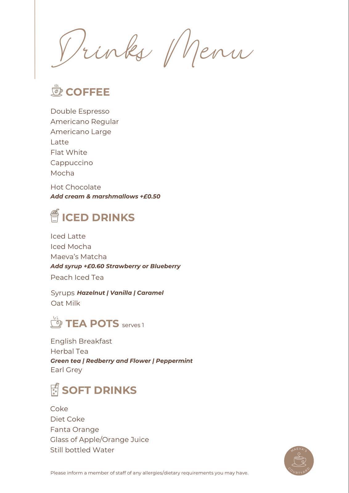 Drinks menu at Maeva's Courtyard