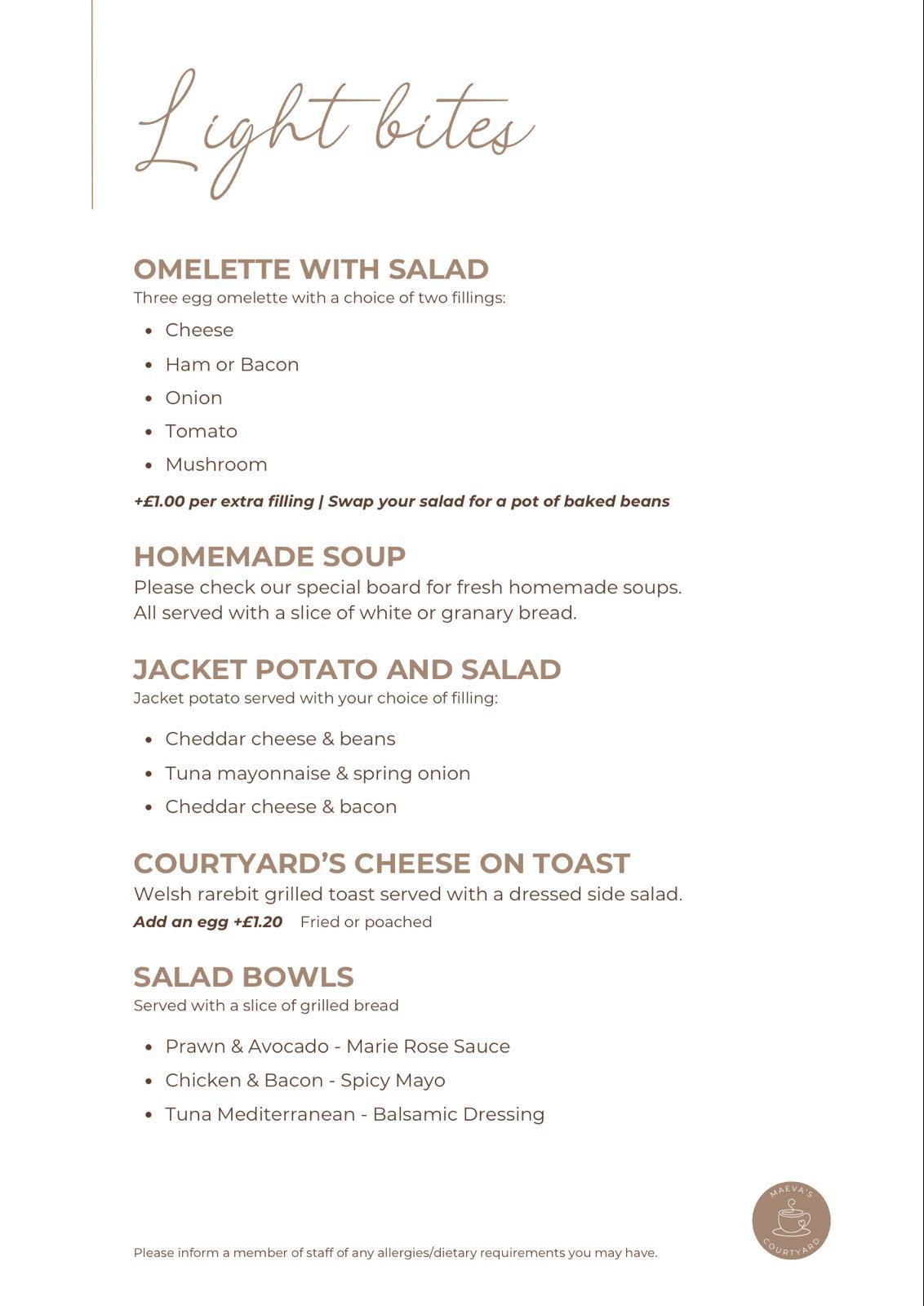 Light Bites menu at Maeva's Courtyard